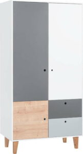 Bílo-šedá dvoudveřová šatní skříň se dřevěným detailem Vox Concept VOX