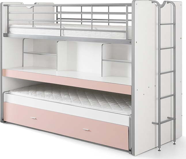 Bílo-růžová patrová dětská postel s výsuvným lůžkem s úložným prostorem s roštem 90x200 cm Bonny – Vipack Vipack
