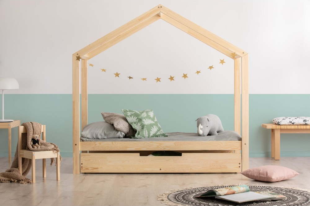 Domečková dětská postel s výsuvným lůžkem s úložným prostorem s roštem v přírodní barvě 90x190 cm RM – Adeko Adeko