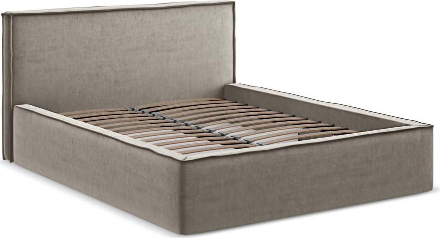 Čalouněná dvoulůžková postel taupe s úložným prostorem s roštem 160x200 cm Anani – Makamii Makamii